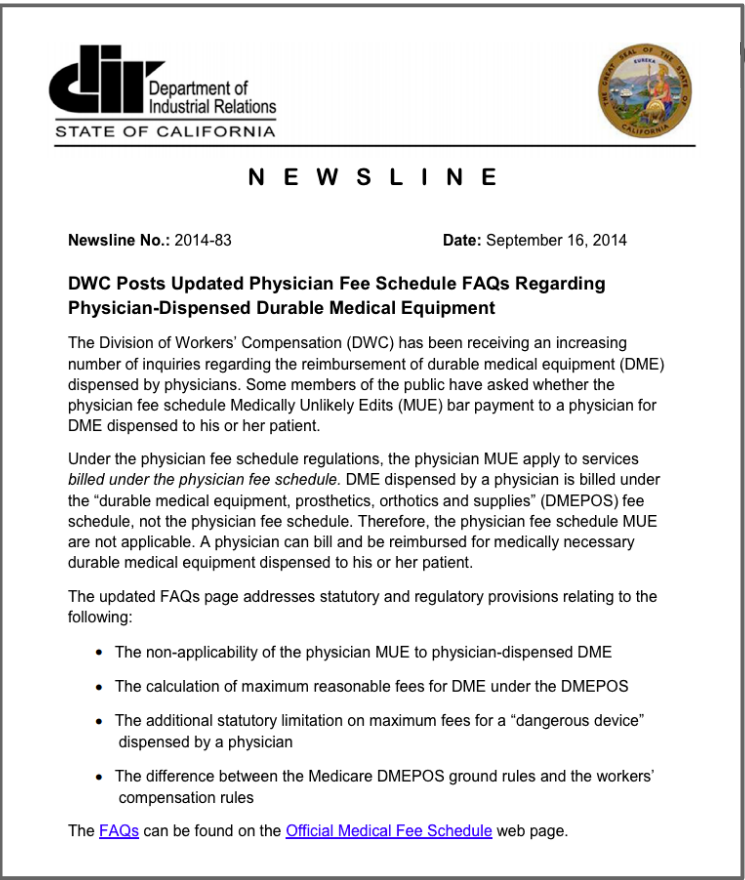 MUEs Don't Apply to DME for Workers' Comp